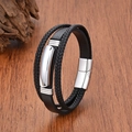 Bracelet multicouche en cuir tressé noir pour homme avec fermoir magnétique en argenté - 21cm / Décor de Fermoir en Métal Argenté