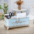 Boîte à mouchoirs marbré bleu avec décor floral argenté et organiseur de télécommande - Argent & Bleu