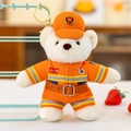 Cute white plush teddy bear keychain dressed in an orange firefighter uniform with badge - Keychain Firefighter Bear - White