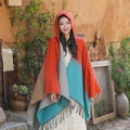 Poncho ethnique à capuche avec glands, motifs orange, gris et cyan pour l'extérieur - LM292 Dégradé - Orange & Bleu