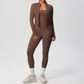 Three-piece chocolate brown yoga set with zip-up jacket, sports bra, and high-waist leggings - S / Chestnut Brown