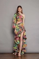 Asymmetric one-shoulder maxi dress with tropical floral print and ruffle details - Green
