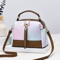 Pastel gradient floral embossed boston bag with dark brown handles and shoulder strap - Dark Brown