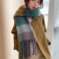 Winter mohair scarf with vintage colorful plaid pattern and tassels for women - Purple Green Coffee Mix