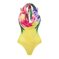 Detail of halter neck one-piece swimsuit featuring tropical floral prints and yellow bottom - S / Halter One-Piece Swimsuit