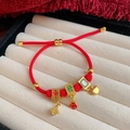 Handmade red braided cord bracelet with gold mahjong and dice charms in variant view - Mahjong Dice Bell Style (15# Bracelet-Red)