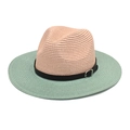Détail d'un chapeau de soleil bicolore en paille rose et verte avec ceinture en cuir - M (56-58cm) / Vert Menthe & Rose
