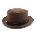 Brown wool felt fedora with flat brim featuring a black leather band and silver metal studs - M (56-58cm) / Coffee