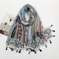 Ethnic geometric print linen scarf with blue and caramel tones and fringe tassels - Blue Caramel Geometric Ethnic Style (XB971-02)