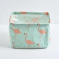 Foldable cotton linen storage basket with pink flamingo print on mint green background - Green Flamingo