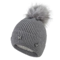 Women's dark gray knit beanie with faux fur pompom and rhinestone butterfly charms - Adjustable / Dark Gray