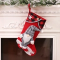 Christmas stocking in red fabric with black-red plaid and grey gnome decoration - Red