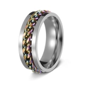 Rotating stainless steel spinner ring featuring a colorful chain inlay in silver finish - Silver + Multi-color