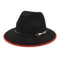 Chapeau fedora en laine noire avec bordure rouge et boucle dorée élégante - M (56-58cm) / Noir