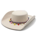 Close-up of beige felt cowboy hat featuring colorful ethnic embroidery and vibrant pom-poms - M (56-59cm) / Beige