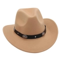 Detail of khaki felt cowboy hat with black leather band and vintage silver metal buckle - Woven Band Style / Camel