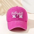 Close-up of Volleyball MOM embroidery and heart-shaped volleyball on pink washed cap - One Size / Rose Red