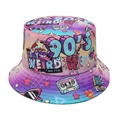 Detailed view of retro 90s pop pattern with cassette and text on pink gradient bucket hat - M (56-58cm) / Pink Purple Blue Gradient Graffiti (A)