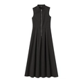 Elegant black sleeveless A-line maxi dress with high collar and front metal zipper design - XS / Black