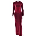 Detail view of burgundy slim fit maxi dress featuring elastic waist design and long sleeves - L / Burgundy