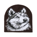 Détail du tricot et motif de loup sur ce bonnet d'hiver marron foncé pour étudiants - M (56-58cm) / café
