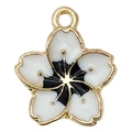 White and black enamel flower charm pendant with gold plating and top hanging loop - Cherry Blossom Black Center 16x13mm