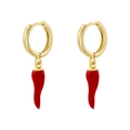 Detailed macro view of gold hoop earrings with vibrant red enamel chili pepper pendants - Red