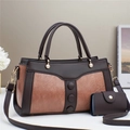 Classic dark brown and beige patchwork faux leather handbag with pearl charm for women - L30 W11.5 H17 / Pink