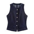 Gilet in denim blu scuro con scollo rotondo e bottoni in metallo, stile retrò slim - XS / Gilet Denim Blu Profondo