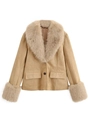 Détail de veste en daim camel avec col et poignets amovibles en fausse fourrure douce - XS / Kaki