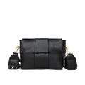 Elegant black woven leather crossbody bag with patterned wide strap and gold hardware - Black