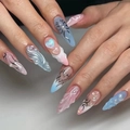 Y2K style long stiletto press-on nails with blue pink gradient and 3D metallic silver details - Silver Line Spiral / DS16-Blue Pink Gradient Y2K Metallic Line Heart