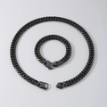 Set collana e bracciale a maglia cubana in acciaio inossidabile nero lucido da uomo - Catena a doppia trama (Nero) / Bracciale 9mm 21,5cm