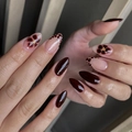 Uñas postizas almendradas color marrón y ámbar con flores 3D y acabado brillante - Estilo 3D Flor Ámbar Leopardo (JP4141)