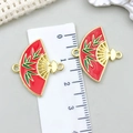 Ciondoli a ventaglio dorati con smalto rosso e motivo a bambù vicino al righello - Rosso - Foglie di Bambù Doppio Occhiello (24x21mm)