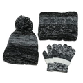 Set invernale in maglia con cappuccio a pompon, sciarpa e guanti a righe grigie sfumate - Nero (Mix Nero Grigio Bianco)