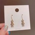 Golden teddy bear drop earrings with white crystal pave setting and ear hook design - Little Bear Ear Hooks