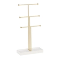 Three-tier gold metal jewelry display stand with white rectangular storage base tray - Multi-Tier T-Shape Gold (T3-030 Gold)