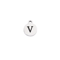 Macro shot of polished stainless steel round pendant featuring a black engraved letter V - Steel Letter V