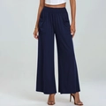Detail of high waisted wide leg pants in navy blue with elastic waist and side pockets - S / Bottoms / Navy Blue