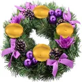 Christmas wreath candle holder with purple bows and gold plates on green pine - 30cm Purple Flower Basin Cup