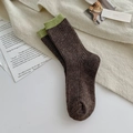 Deep brown and lime green contrasting wool blend mid-calf socks with ribbed texture - One Size (34-40) / Dark Coffee/Green Contrast