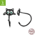 925 Sterling Silver black cat stud earrings with green zircon eyes in a playful animal style - 1.2g / Small Black