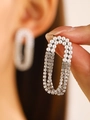 Elegant silver earrings with pearls and rhinestone tassels in oval geometric design - Silver Oval Rhinestone Pearl Earrings (9909)
