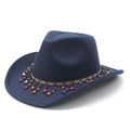 Close-up of a navy wool western cowboy hat with colorful ethnic beads and braided band - M (56-58cm) / Navy Blue