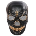 Media máscara de calavera para Halloween en negro mate con grietas doradas y ojos de malla - Estilo Oro Negro (HDB21036B)