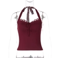 Detail view of burgundy halter top with lace trim and delicate front bow tie - S / Burgundy