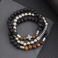 Three-piece stretch bracelet set with tiger eye, matte black beads, and silver cross charm - 3 Pcs Set Matte Black Silver Beads Cross