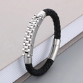 Men's black woven bracelet with silver industrial watch band metal buckle links - Style B Steel Color