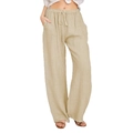 Women's casual wide-leg trousers in beige cotton-linen fabric with drawstring waist - Khaki